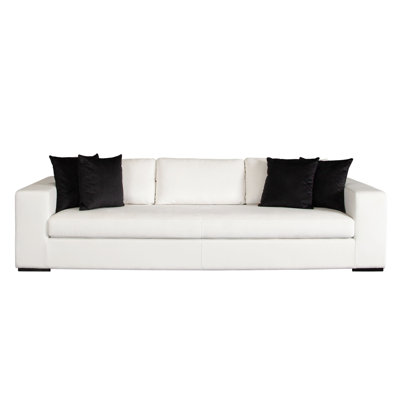 Lipi Modern Sofa, Mist White Fabric W Track Arms, 110 Inch, 4 Accent Pillows