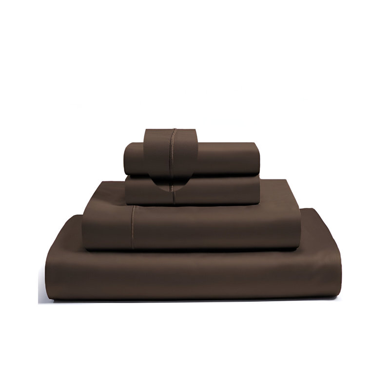 400TC Luxurious Single Embroidery Sateen Solid Cotton 4 Piece Sheet Set Fitted Sheet Fits Upto 16" Deep Pocket, Chocolate