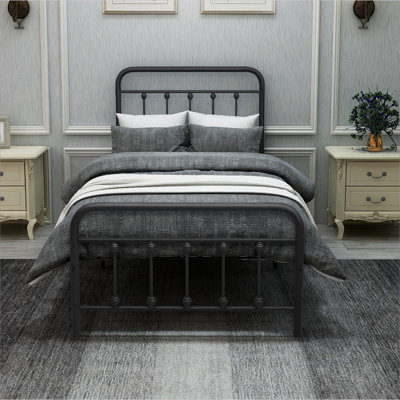 Under bed storage matte black metal platform bed, Victorian style twin size frame for everyday bedroom use