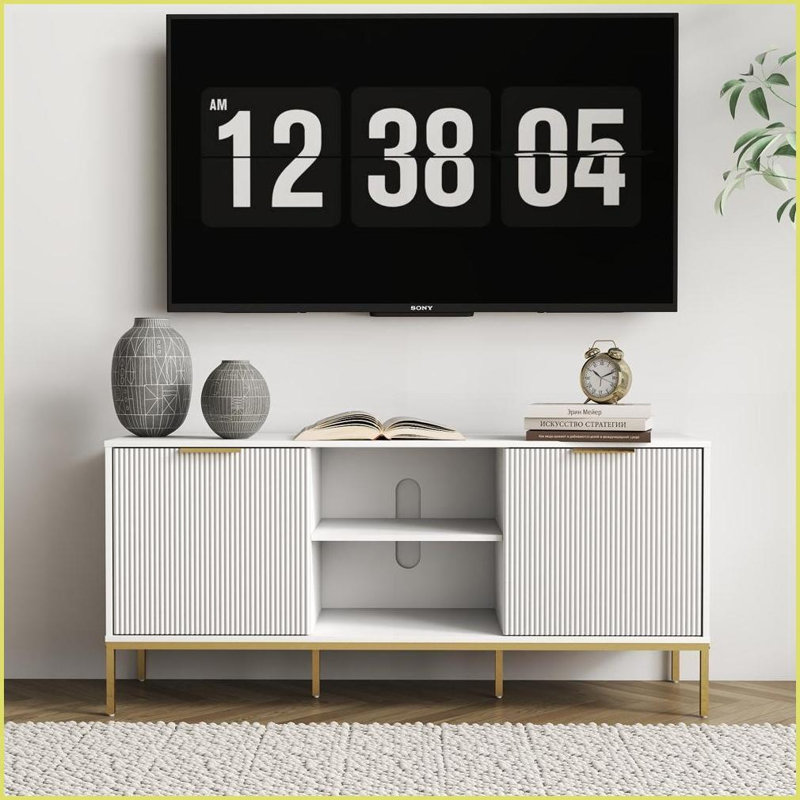 TV Furniture Modern White Gold Leg TV Stand with Wave Doors, Open &amp; Adjustable Shelves | White+Gold | Fits 60-69” TVs