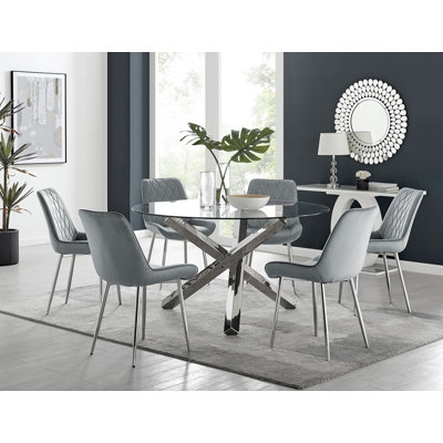 Vogo Modern Design Chrome and Glass Dining Table Set with 6 Upholstered Faux Leather Dining Chairs