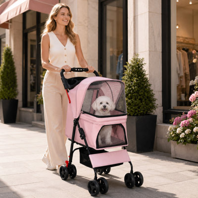 Foldable Pet Stroller for Small Dogs & Cats, 28 lbs Capacity with Storage Basket
