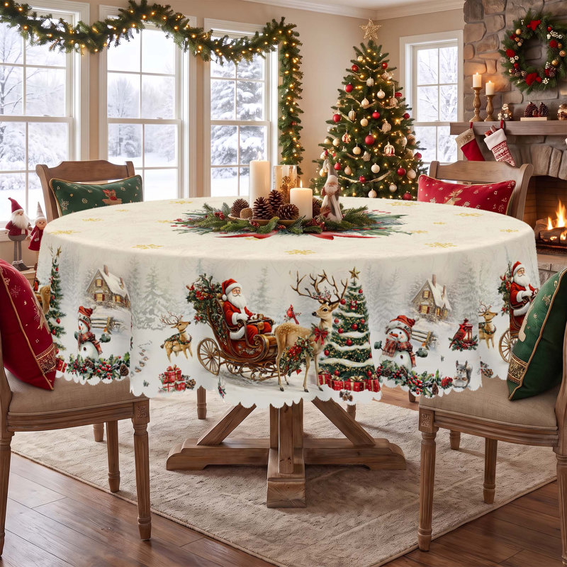 1pc round/rectangular polyester Edelen, Christmas Edelen with pine, snowman, truck, embosed edge, Christmas decorations for dining table, festival party holiday table decoration, perfect festival gift