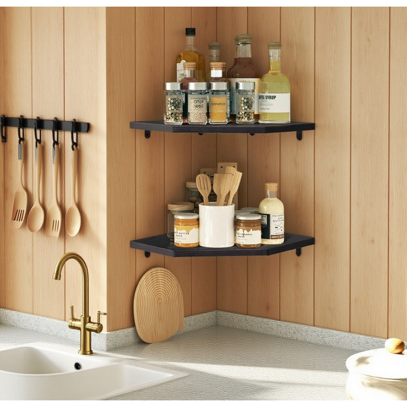 Floating Corner Shelves Set Of 2, Rustic Wood Wall Mounted Shelf Organizer For Living Room, Bedroom, Bathroom, Kitchen, Black