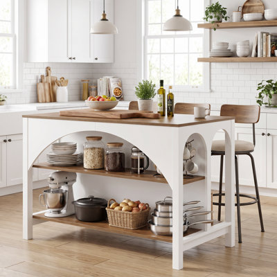 Wooden Kitchen Island with Open Shelves & Seating Space, 55" Modern Freestanding Prep Table for Kitchen & Dining