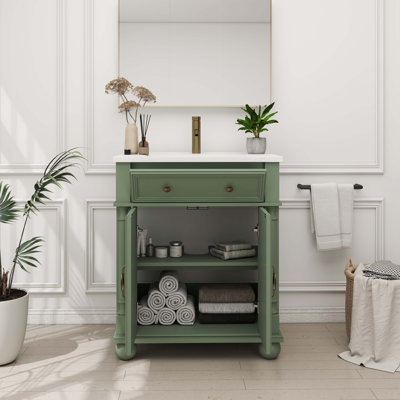 Lavabo de salle de bain 27,8 po Mid-Century avec colonne romaine, meuble-lavabo autoportant Farmhouse avec rangement, meuble-lavabo haut de gamme avec poignées en métal et structure en bois massif