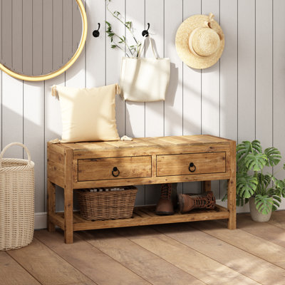 Banc de rangement en bois massif récupéré avec tablettes de rangement