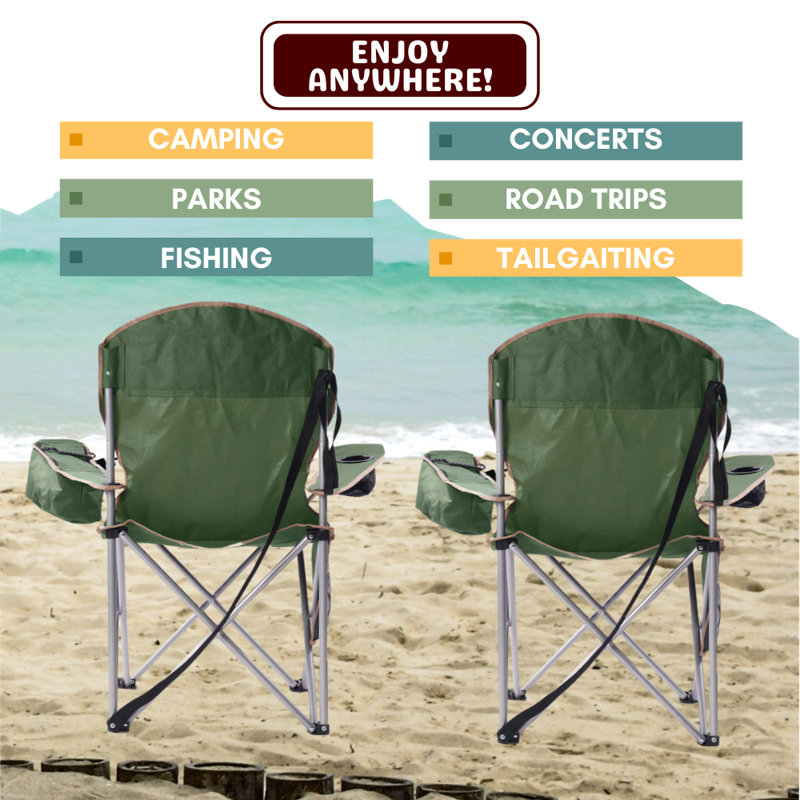 Ensemble de 2 chaises de camping avec glacière intégrée, porte-gobelet et sac de transport, Vert olive