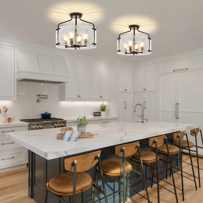 4 - Light Modern Glass Drum Semi Flush Mount Ceiling Light Fixture For Kitchen Bedroom Entryway Hallway, Matte Black