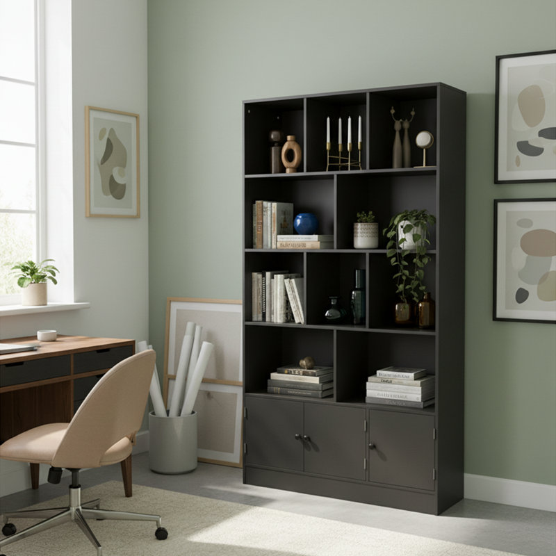Black 5-Tier Bookshelf, 13-Cube Storage Cabinet With 3 Doors, Freestanding Bookcase For Living Room & Home Office, 35.4” W X 11.8” D X 65” H