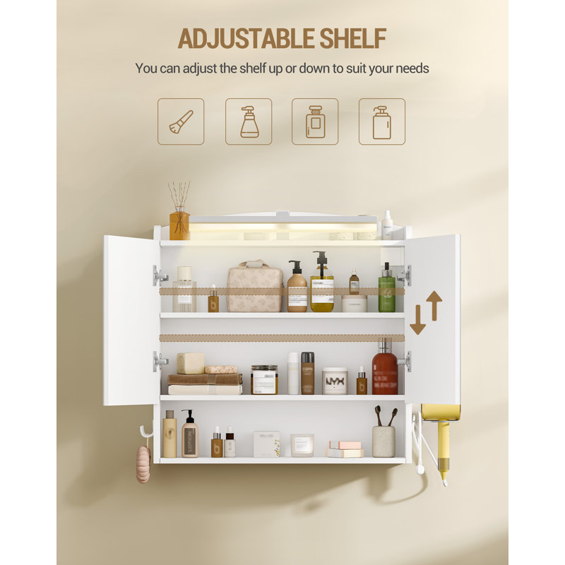 Bathroom Mirror Cabinet with LED Lights, Bathroom Wall Cabinet with Plug, Bathroom Cabinet, 2 Doors and Open Storage, Adjustable Shelf, Hair Dryer Holder and Hooks, Modern
