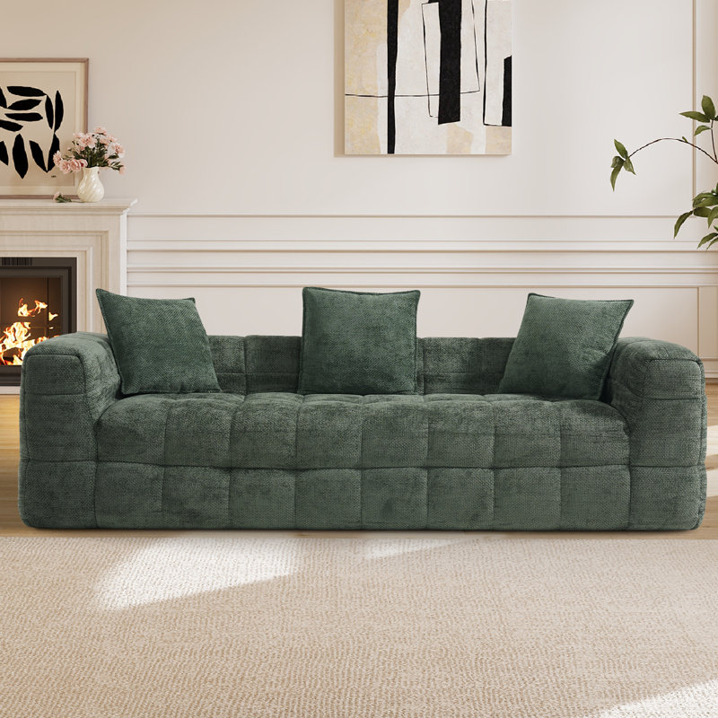 89.8" Modern Compression Tufted Sofa with Pillows, Green