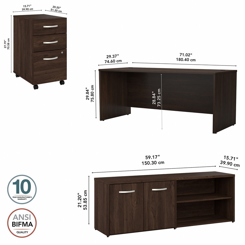 StudioC 3 Piece Computer Desk Office Set, Black Walnut