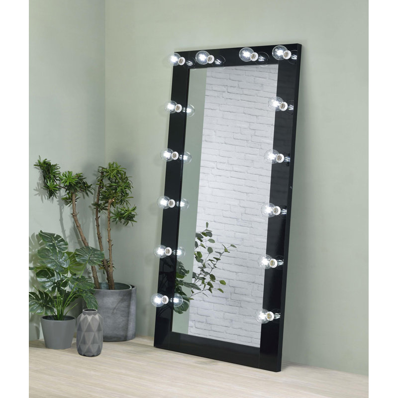Miroir de sol 32 po x 71 po avec éclairage DEL noir brillant, Noir, noir, noir, noir