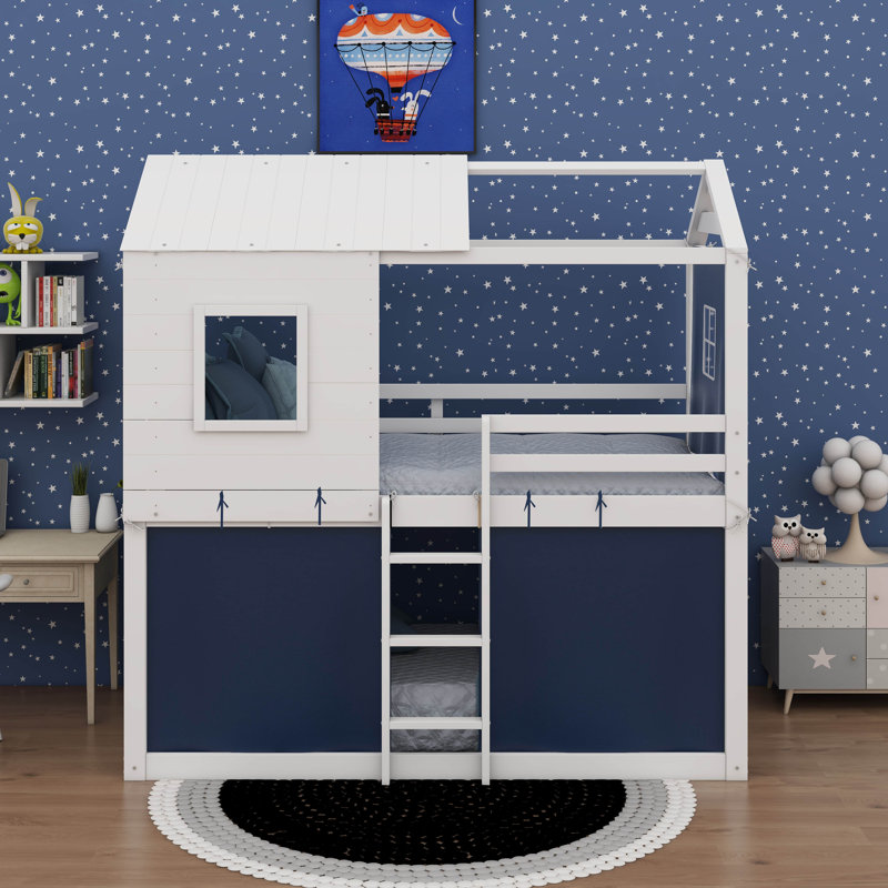 Lit double superposé en bois avec tente, Double, Bleu / blanc
