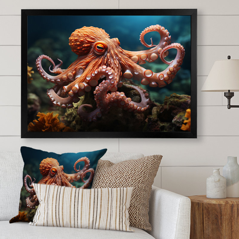Corail Octopus Serene submersion II - pieuvre, art mural, H 16 po x l 32 po x P 1 po, Cadre simple noir