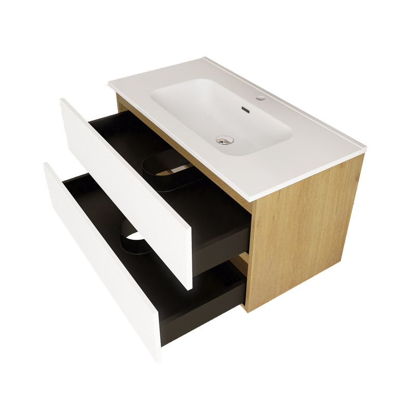36 po  Meuble-lavabo mural 2 tiroirs, Blanc / Chêne
