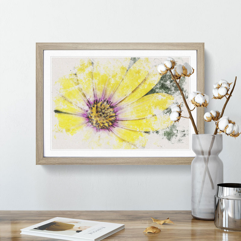 Yellow Gerbera Flower Watercolour - Framed Print, 33cm H x 45cm W x 2cm D, Oak