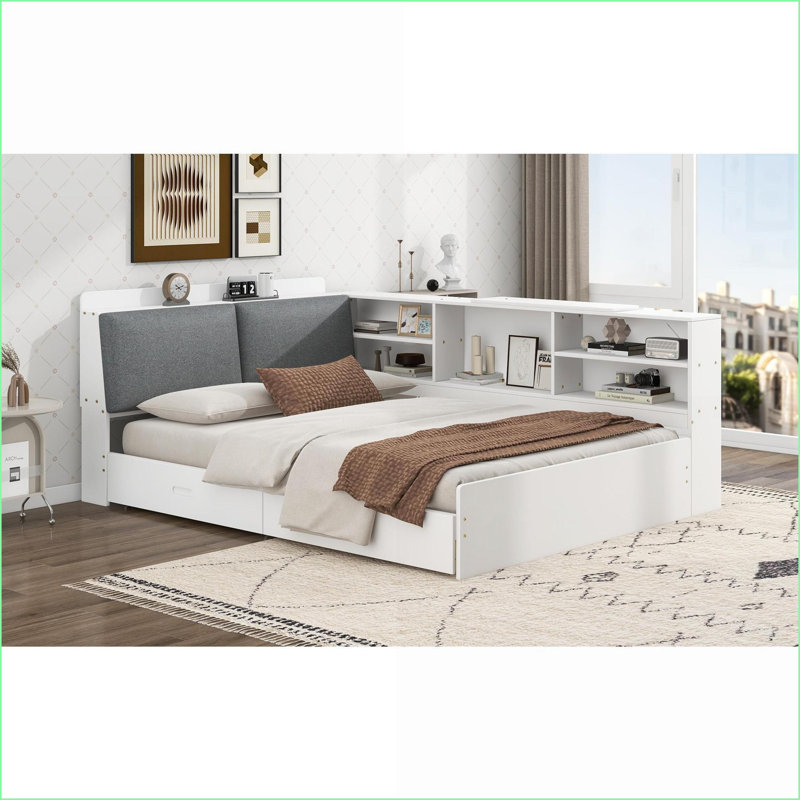 Lit plateforme double en bois de pin avec tablettes et tête de lit 2 tiroirs - aucun sommier nécessaire, blanc pour la chambre à coucher