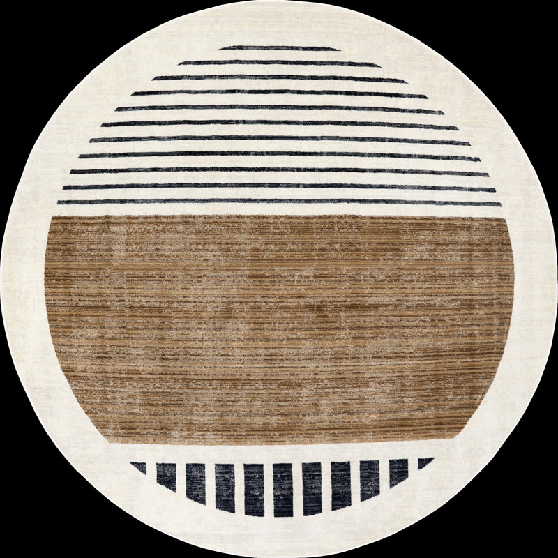 Keeva Modern Striped Fringe Area Rug, Round 6' 4", Beige/Brown