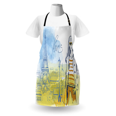 Tablier East Urban Home Paris unisexe, fille à la tour Eiffel, taille adulte, bleu ardoise jaune