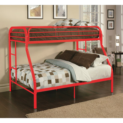 Red Twin/Full Bunk Bed With Slat System, Built - In 2 Side Ladders And 2" Metal Tube Frame Ladders, System Included