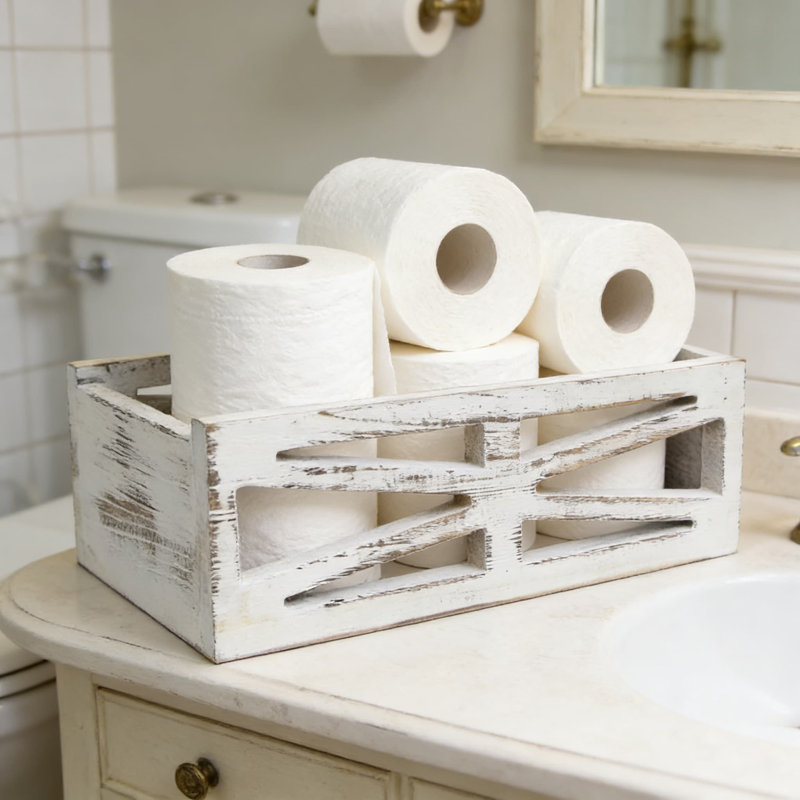 Farmhouse Wooden Bathroom Storage Box, Rustic Toilet Tank Organizer With Decorative Cut-Out Design For Toilet Paper And Bathroom Essentials