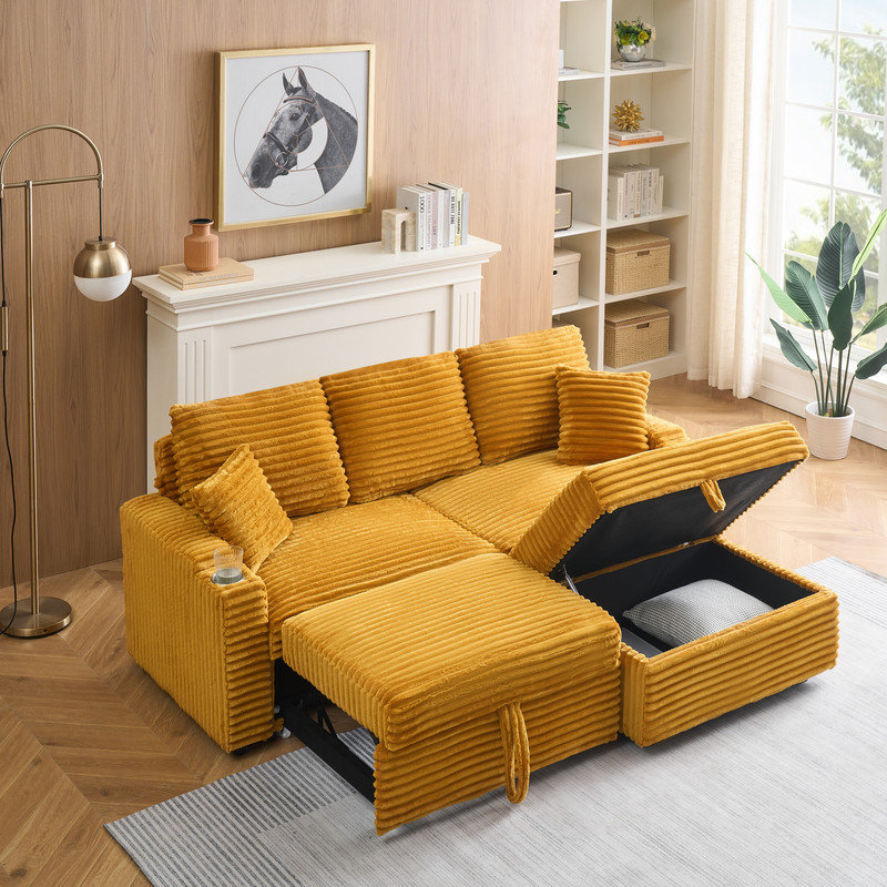 Canapé avec méridienne cachée, porte-gobelets et coussins, Velours côtelé jaune