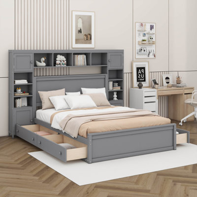 Queen-Sized Wooden Bed With A Built-In Cabinet, Shelf, And Electrical Outlets