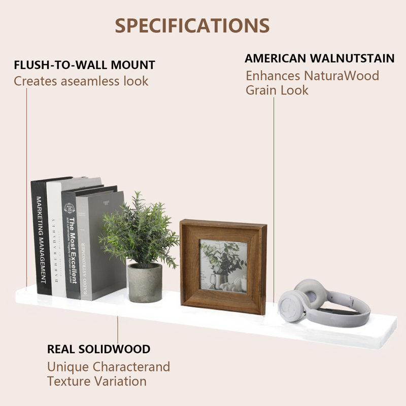 Ensemble de 2 tablettes flottantes pour le mur, tablettes murales en bois massif avec supports cachés et support robuste, style rustique moderne pour salle de bain, cuisine et salon