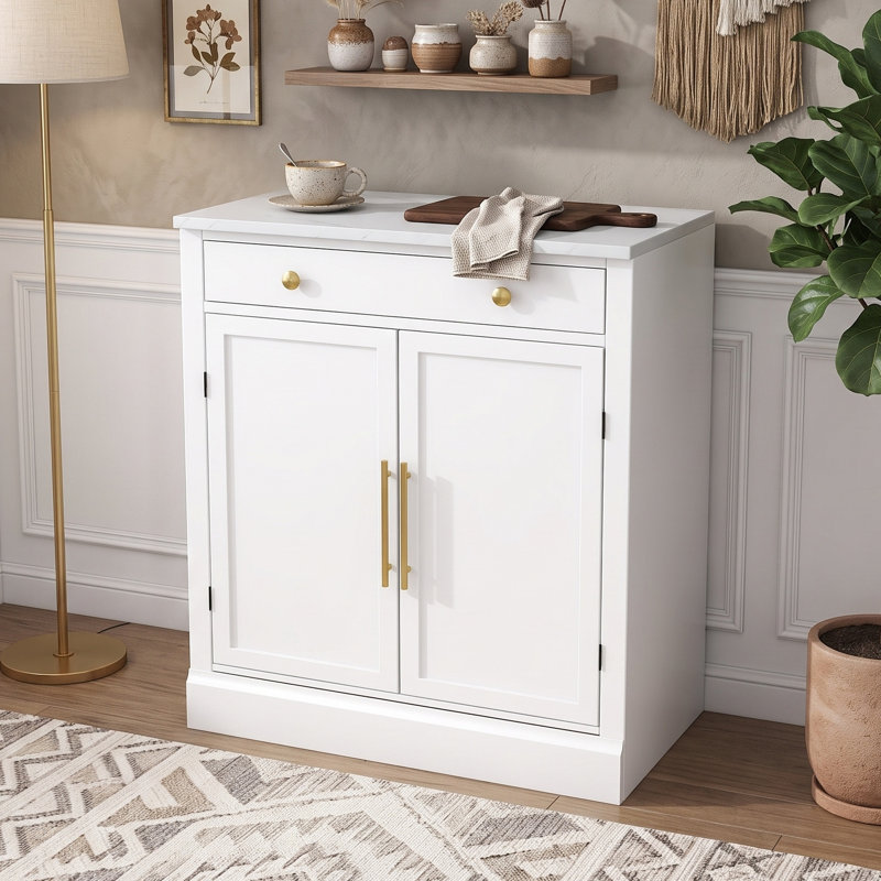 Modern Freestanding Wooden Sideboard with Faux Marble Top, Adjustable Shelves and Drawer, White/Gold