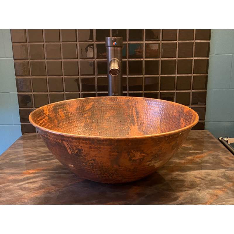 14"  Round Copper Vessel Bathroom Sink, Natural Fire