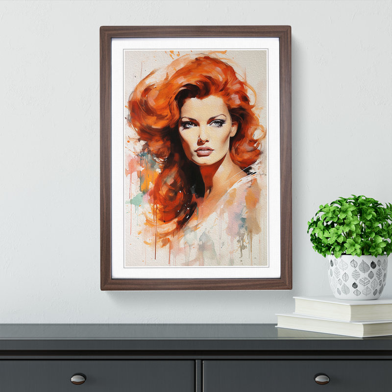 Red Headed Woman Gestural No.2 - Single Picture Frame Print on Wood, Walnut Framed, 46cm H x 34cm W x 2cm D
