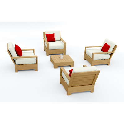 Teakstation 5 Pc Teak Wood Lounge Chair Set: 4 Lounge Chairs & Side Table With Cushions In Outdoor Sunbrella Fabric #5404 Canvas Natural