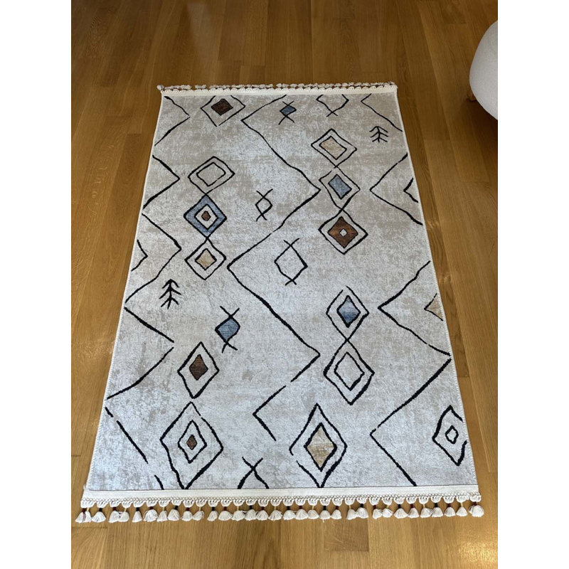 Coton imprimé marocain beige Toscana; Tapis chenille antidérapant, Carré 3 pi 3 po