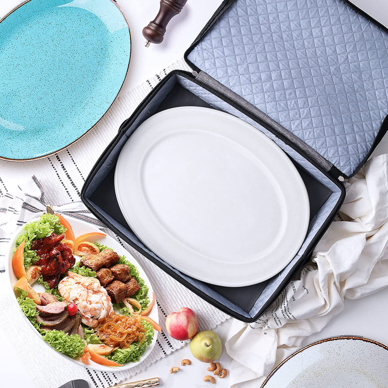 Platter Storage Case – Fine China Storage Containers Hard Shell, Quilted And Stackable 16”X 12.5”X 3.5” Platter Storage Container With Zipper, Handles And Felt Dividers For Moving And Seasonal Storage