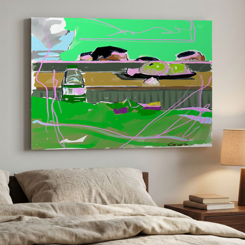«Abstract Green Scene with Bottle», impression sur toile paysage surréel avec cadre en pin, 12" H x 16" W