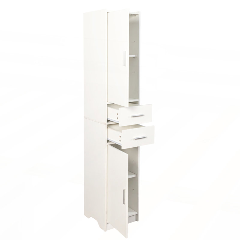 Armoire de rangement haute et étroite avec 2 portes, 2 tiroirs et tablettes réglables pour une utilisation efficace de l'espace