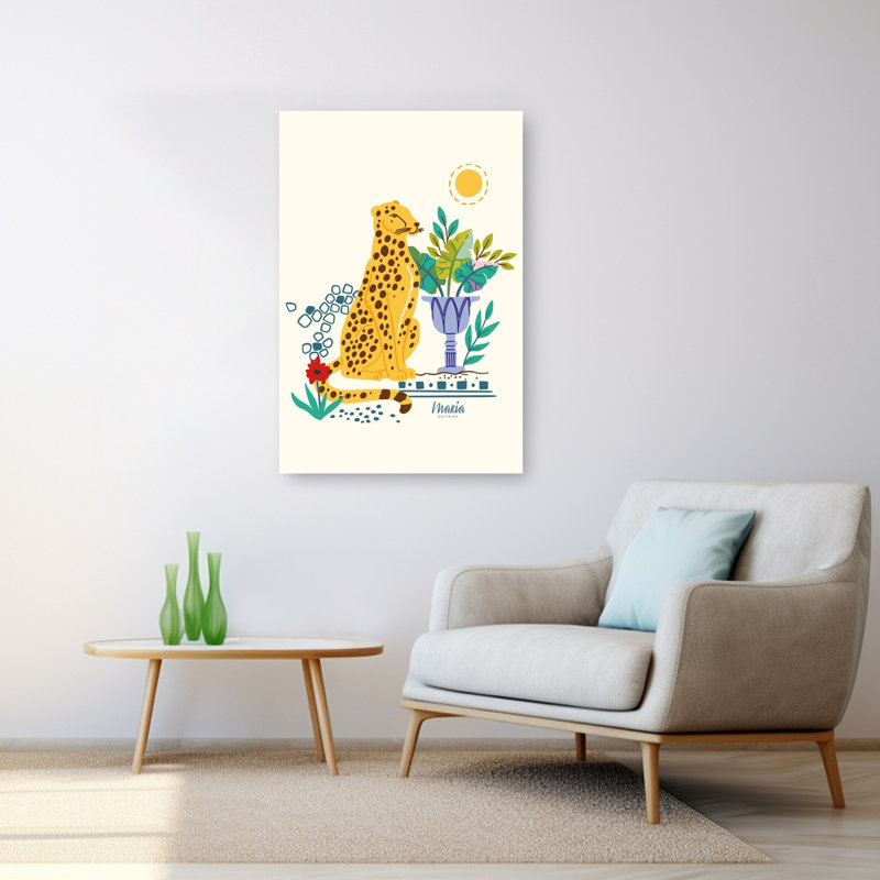 Assis et plantes tropicales Guépard - Affiche murale moderne et vibrante représentant un animal abstrait et la nature