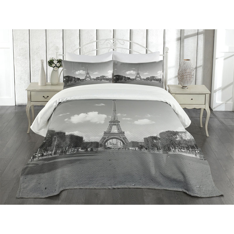 Ambesonne Eiffel Tower Bedspread Set Tourist Attraction Grey, King Bedspread + 2 Standard Shams