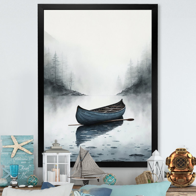 Canot sur le lac I - art mural grand bateau côtier, Cadre photo noir, H 32 po x l 16 po