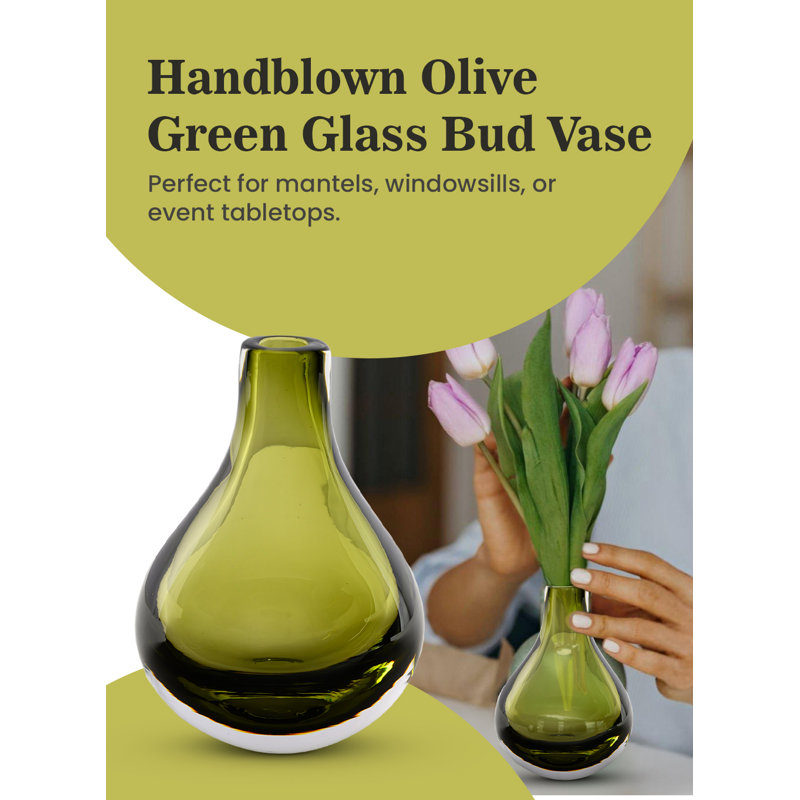  Handblown Olive Green Glass Bud Vase, Petite Teardrop Flower Holder For Home, Office, Cafe, Hotel, Wedding Decor, 4" Diameter & 5.5" Tall