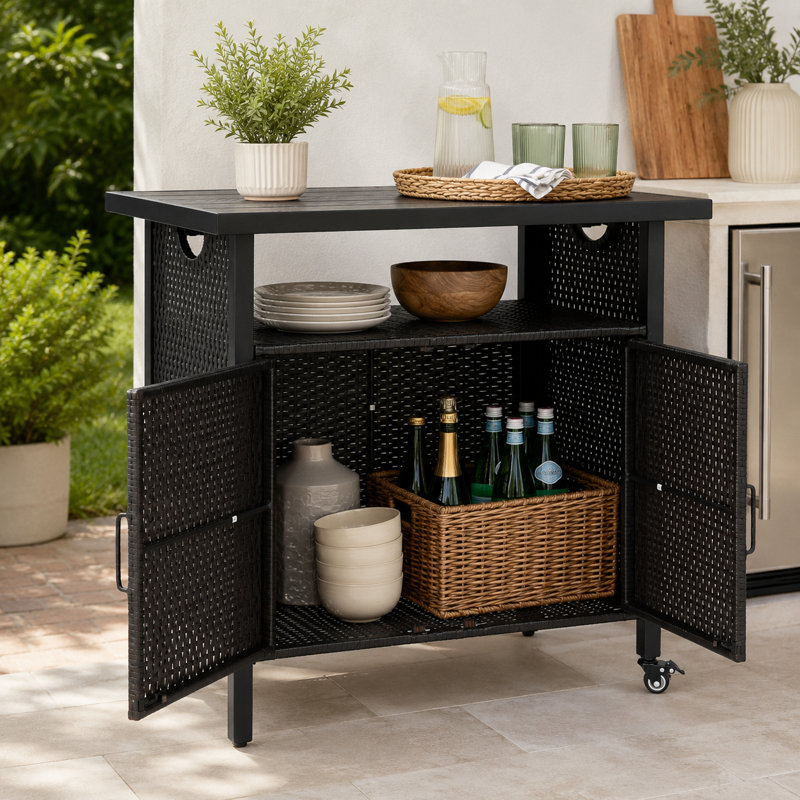 Outdoor Wicker Patio Bar Cart with Wheels and Storage Shelves, Black