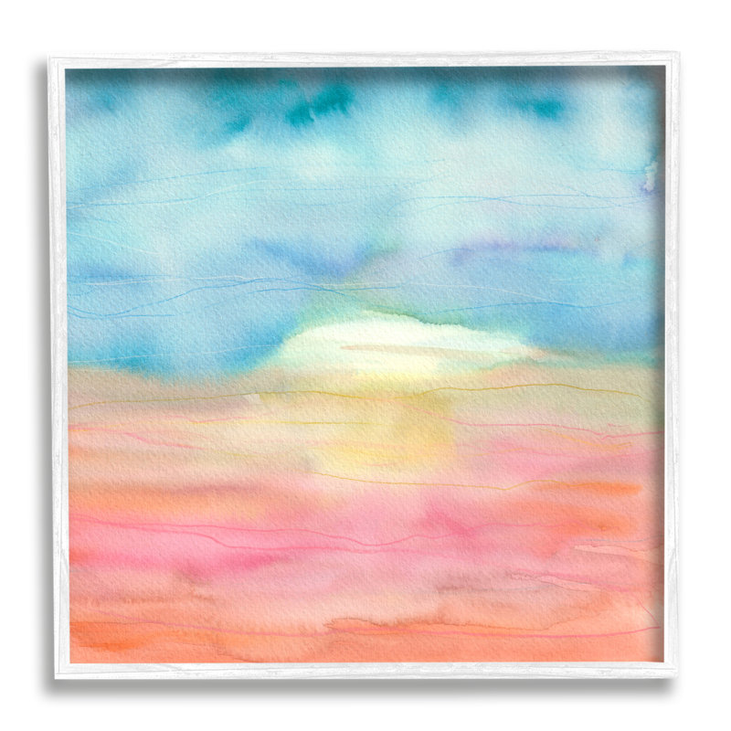 Abstrait aquarelle paysage soleil, H 12 po x l 12 po x P 1,5 po, Giclée encadrée blanc bord de mer