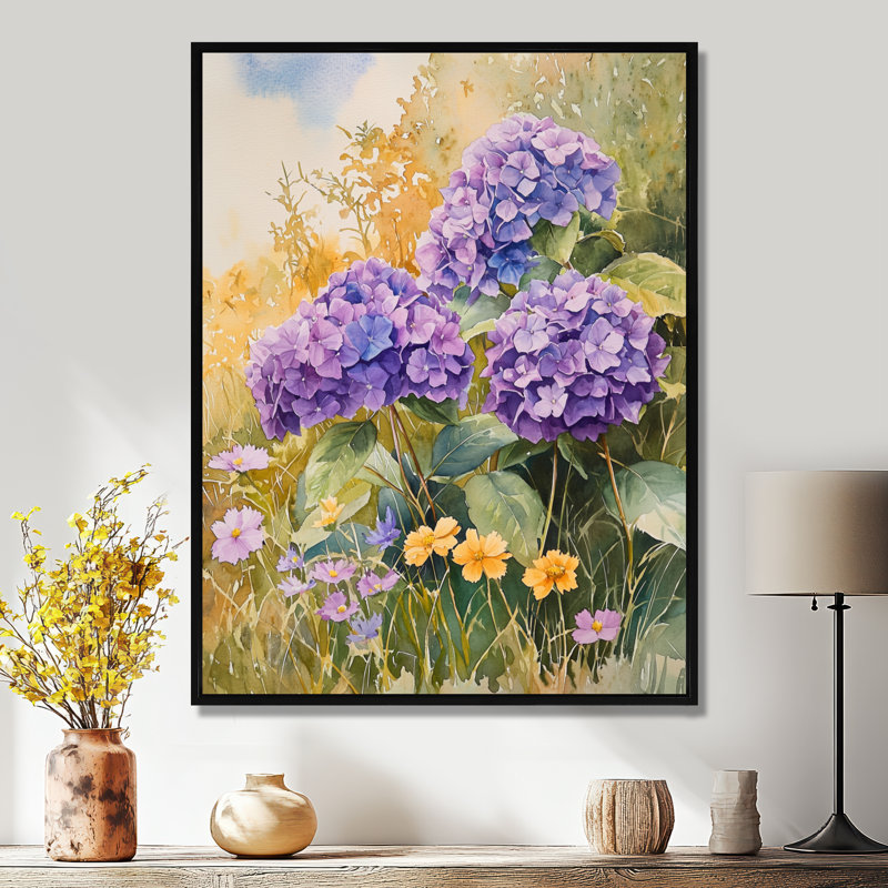 «Country Side Hydrangeas And Wildflowers I - Hydrangea», art mural encadré, H 20 po x l 12 po, Noir