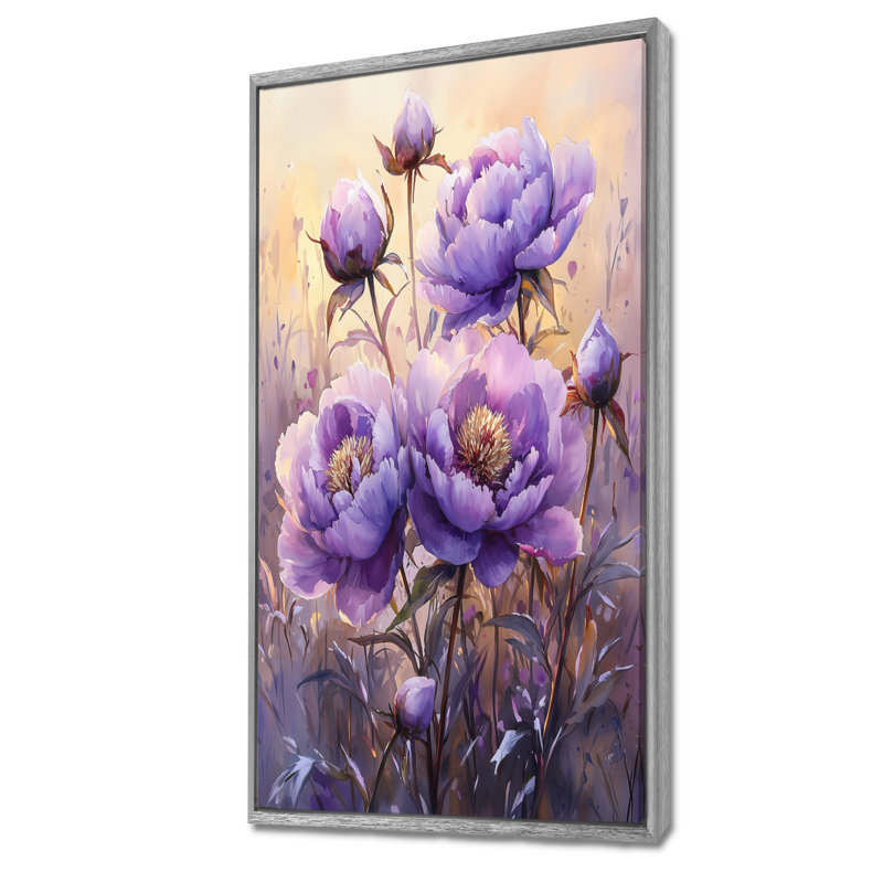 Été, crépuscule lavande pivoines - pivoines, art mural, H 60 po x l 28 po, Argent argent, Reproduction avec cadre flottant