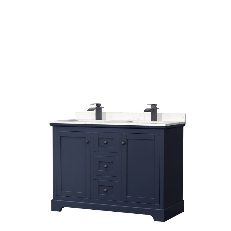 Ensemble de meuble-lavabo double 48 po Avery, Bleu foncé, Marbre de culture blanc, Noir mat