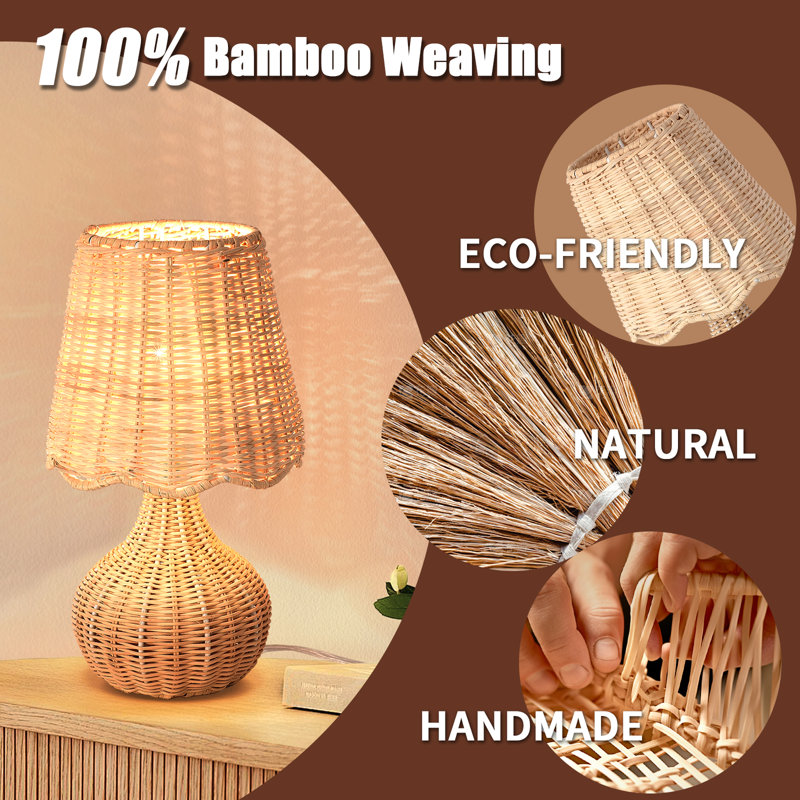 Austun Small Bedside Table Lamp, Rattan, Beige, Push Button