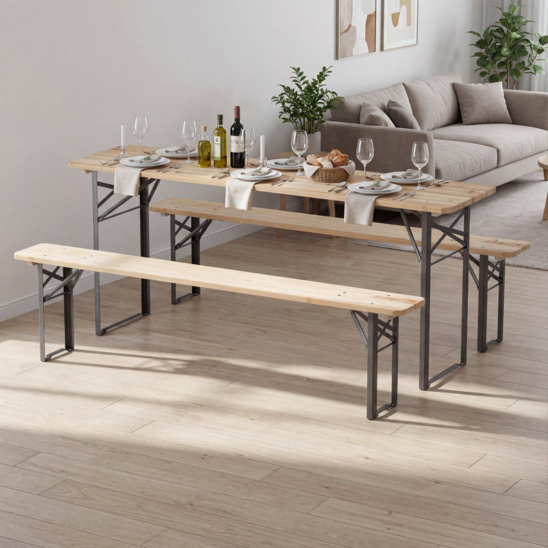 70" 3-Piece Folding Picnic Table with Benches for 6,Fir Wood&Metal Frame for Patio