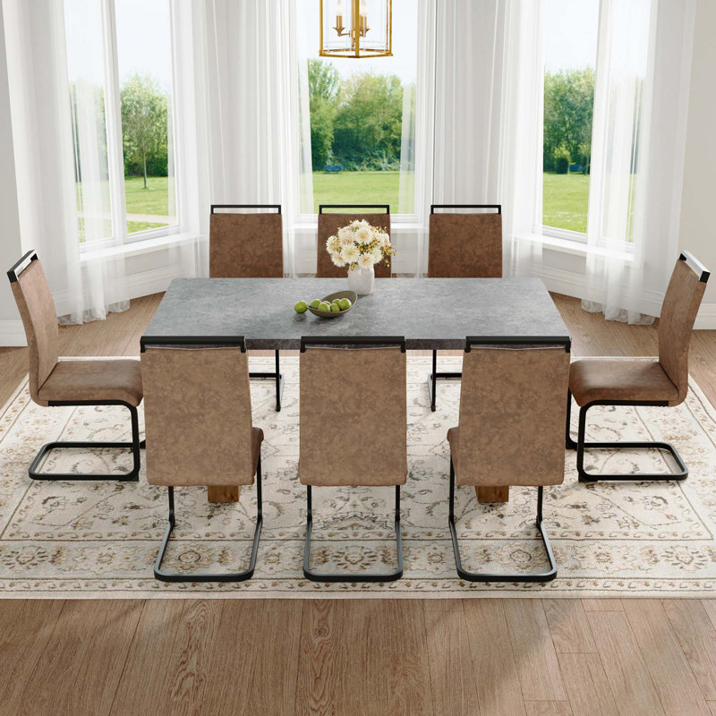 Ensemble de table et de chaises, ensemble de salle à manger moderne en bois aggloméré - avec 6 chaises en tissu avec pieds arqués